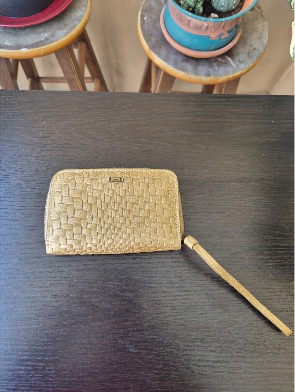 Vélez Gold Woven Leather Zip-Around Wristlet Wallet